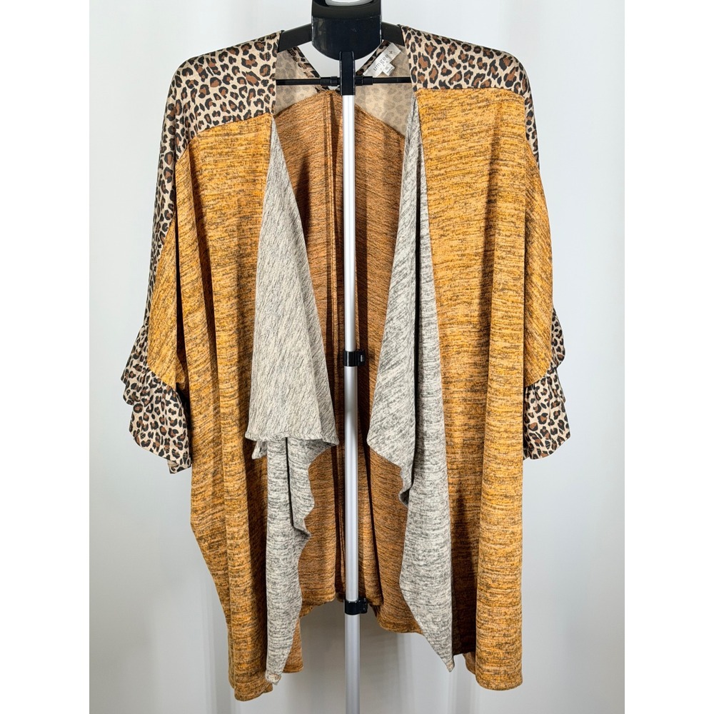 Umgee USA Leopard Print Mixed Media Waterfall Cardigan Ruffle Sleeve 1XL